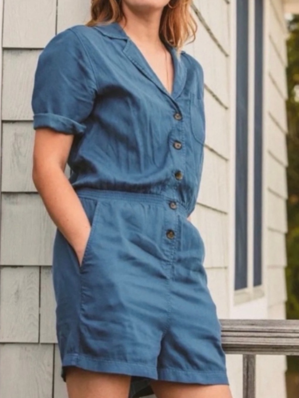 Faherty Blue Short Sleeve Button-Front Romper